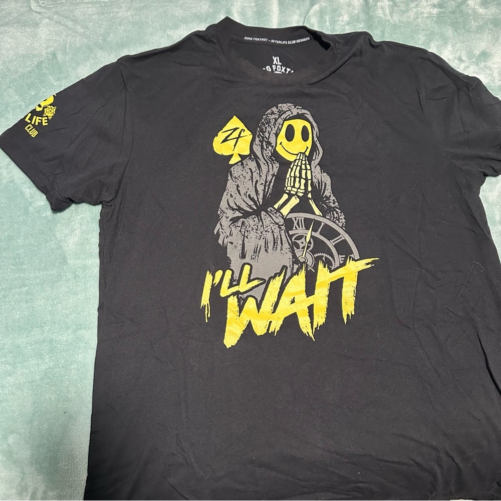 Zero FoxTrot Men’s XL Black - I’ll wait grim reaper smiley tshirt